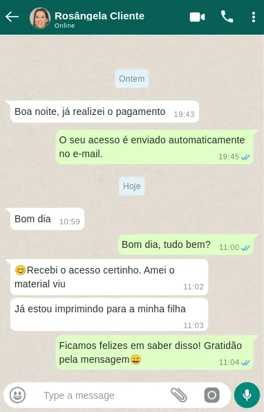 Depoimento de cliente no WhatsApp